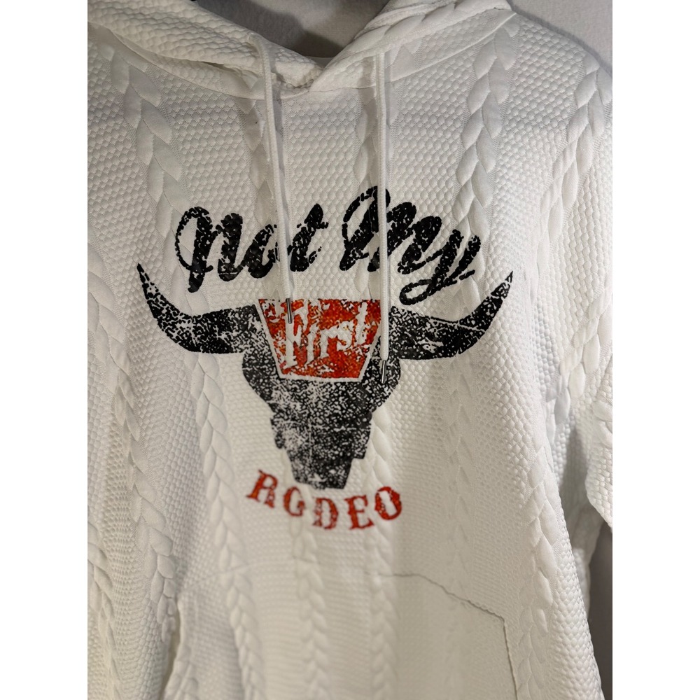 Not My First Rodeo White Cable Knit Textured Graphic Hoodie Bull Western 2XL